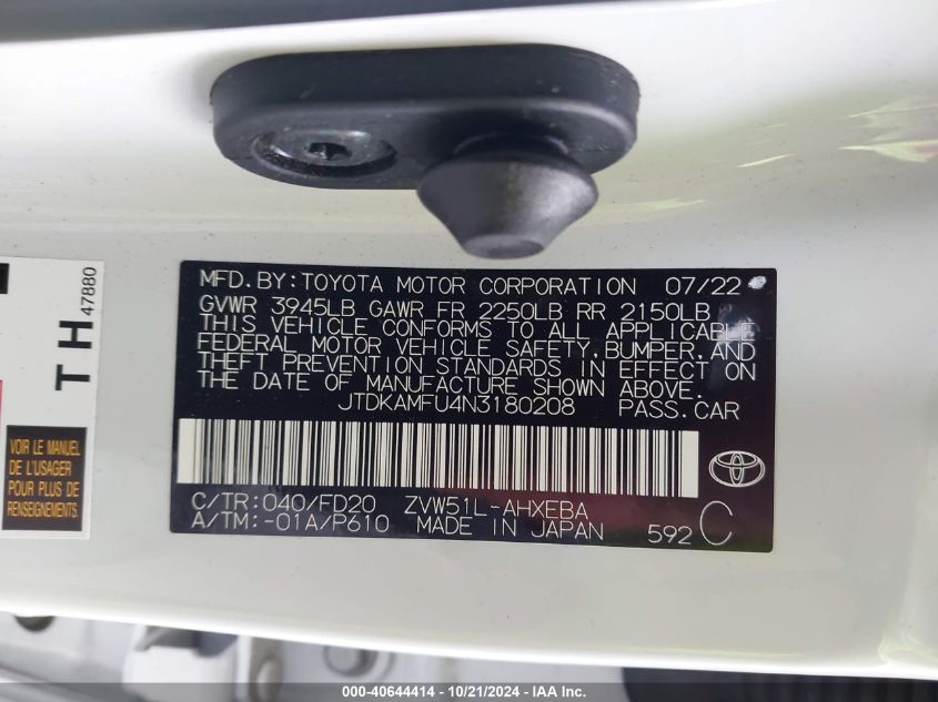 2022 Toyota Prius Le VIN: JTDKAMFU4N3180208 Lot: 40644414