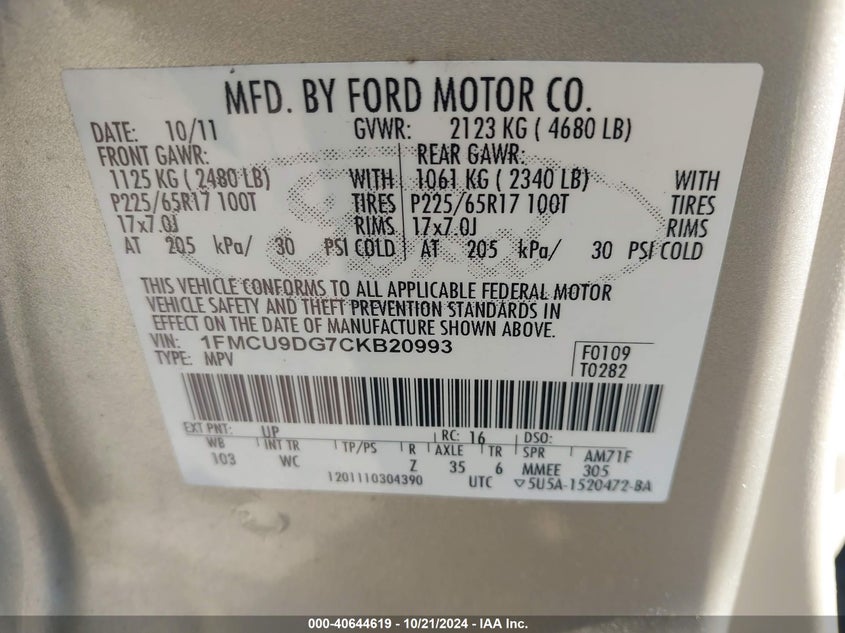 2012 Ford Escape Xlt VIN: 1FMCU9DG7CKB20993 Lot: 40644619