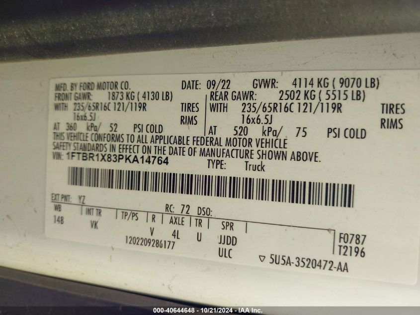 2023 Ford Transit-250 Cargo Van VIN: 1FTBR1X83PKA14764 Lot: 40644648