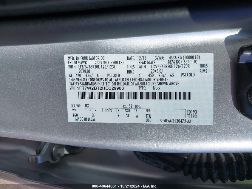 2017 Ford F-250 Lariat VIN: 1FT7W2BT2HEC29908 Lot: 40644661