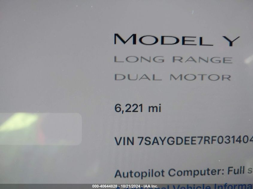 2024 Tesla Model Y VIN: 7SAYGDEE7RF031404 Lot: 40644828