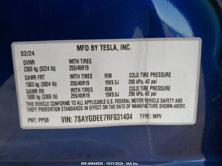 2024 Tesla Model Y VIN: 7SAYGDEE7RF031404 Lot: 40644828