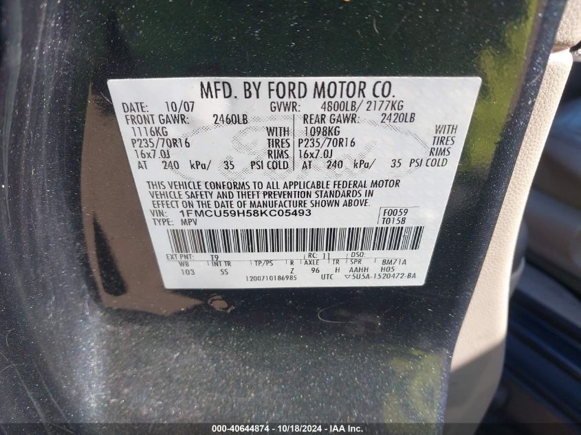 2008 Ford Escape Hybrid VIN: 1FMCU59H58KC05493 Lot: 40644874