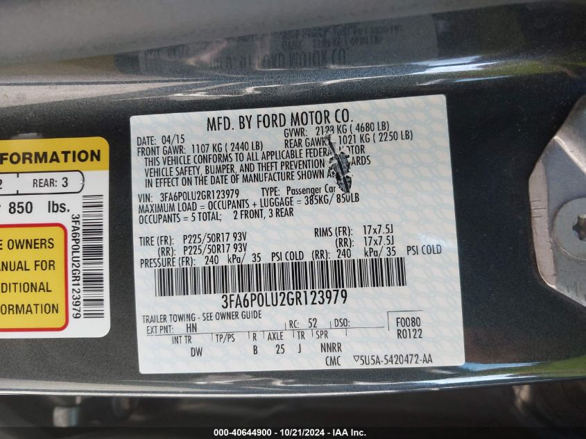 VIN 3FA6P0LU2GR123979 2016 Ford Fusion, Hybrid SE no.9