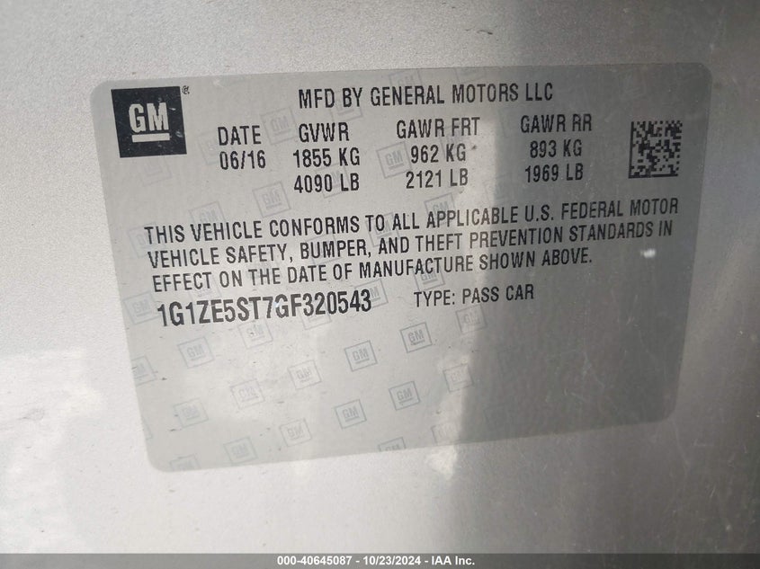 2016 CHEVROLET MALIBU VIN: 1G1ZE5ST7GF320543