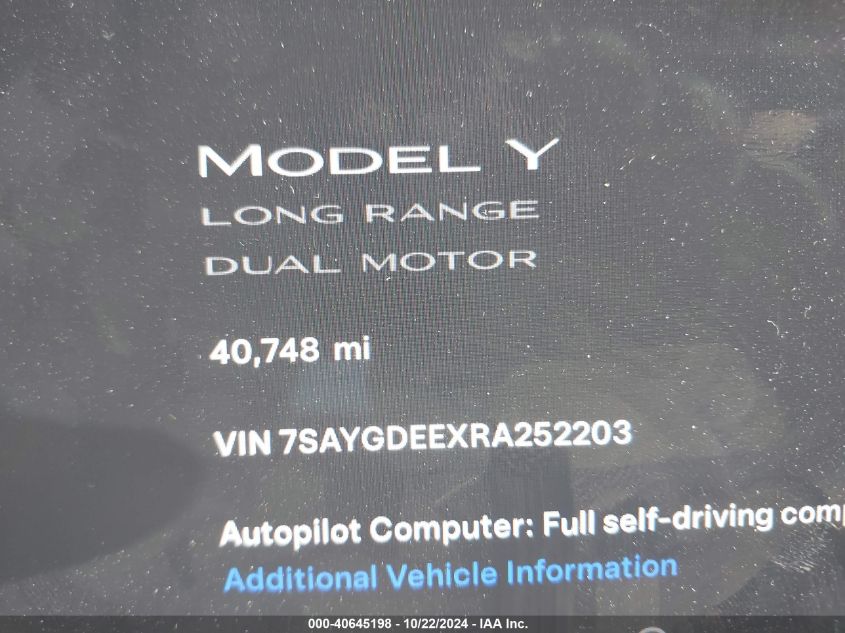 2024 Tesla Model Y Long Range Dual Motor All-Wheel Drive VIN: 7SAYGDEEXRA252203 Lot: 40645198