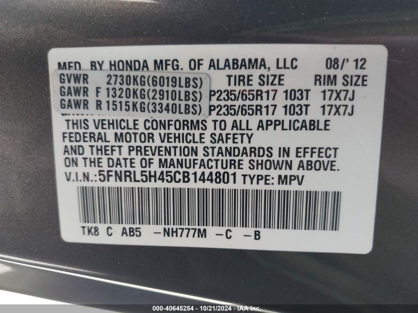 2012 Honda Odyssey Ex VIN: 5FNRL5H45CB144801 Lot: 40645254