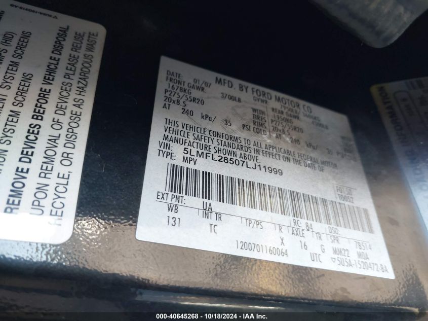 2007 Lincoln Navigator L VIN: 5LMFL28507LJ11999 Lot: 40645268