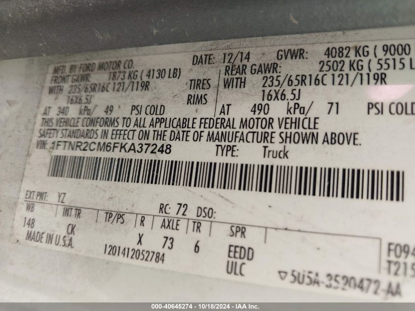 2015 Ford Transit-250 VIN: 1FTNR2CM6FKA37248 Lot: 40645274