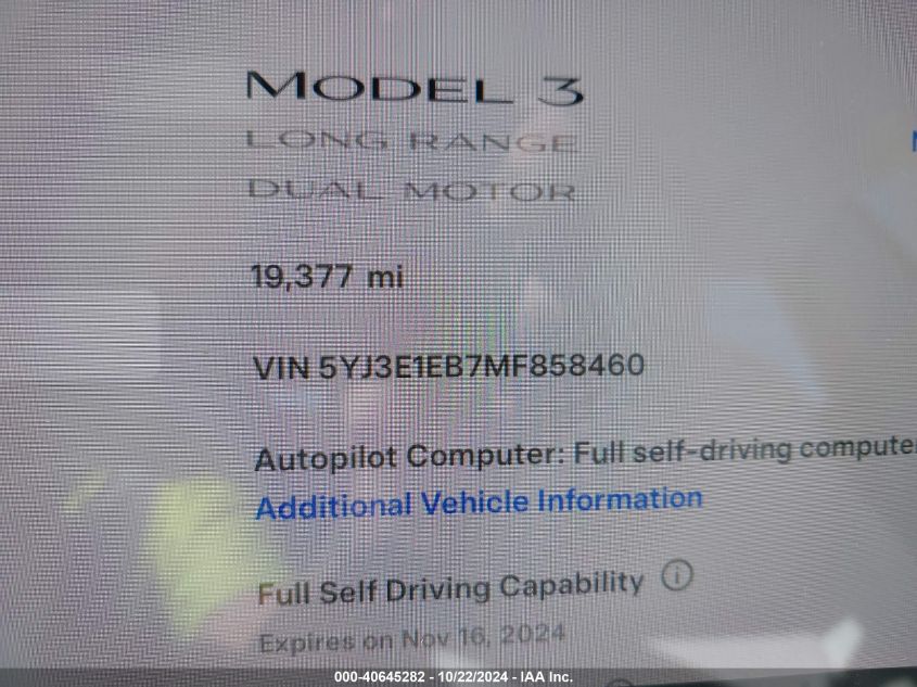 2021 Tesla Model 3 Long Range Dual Motor All-Wheel Drive VIN: 5YJ3E1EB7MF858460 Lot: 40645282