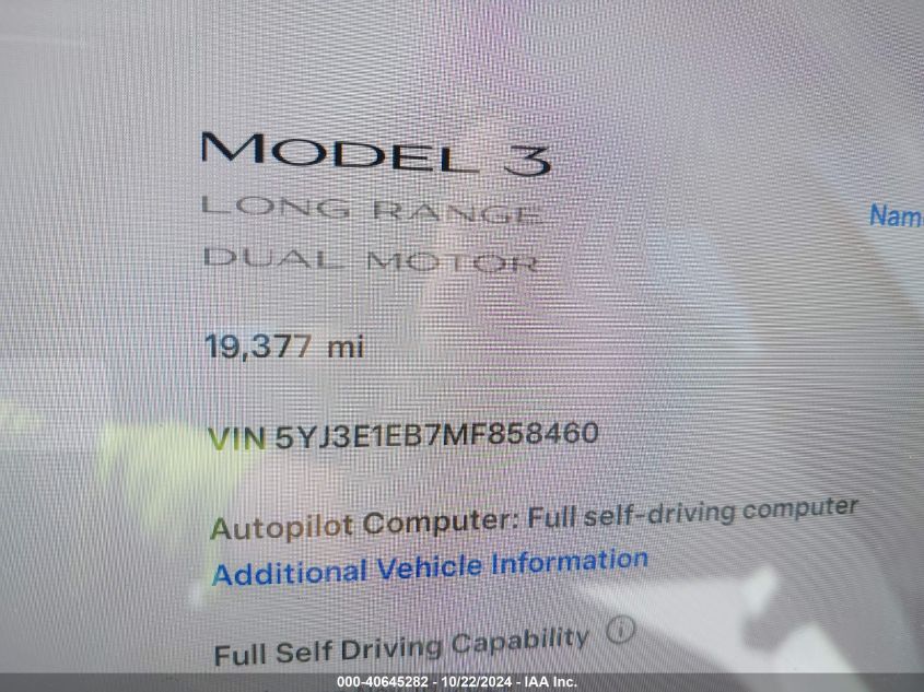 2021 Tesla Model 3 Long Range Dual Motor All-Wheel Drive VIN: 5YJ3E1EB7MF858460 Lot: 40645282