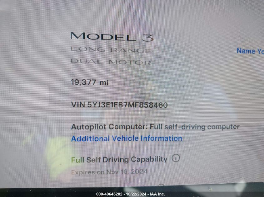 2021 Tesla Model 3 Long Range Dual Motor All-Wheel Drive VIN: 5YJ3E1EB7MF858460 Lot: 40645282