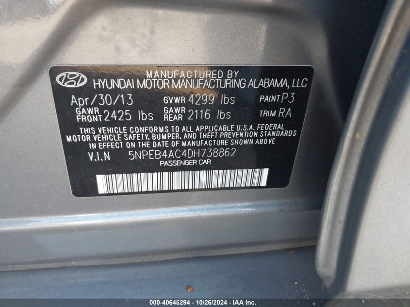 2013 Hyundai Sonata Gls VIN: 5NPEB4AC4DH738862 Lot: 40645294