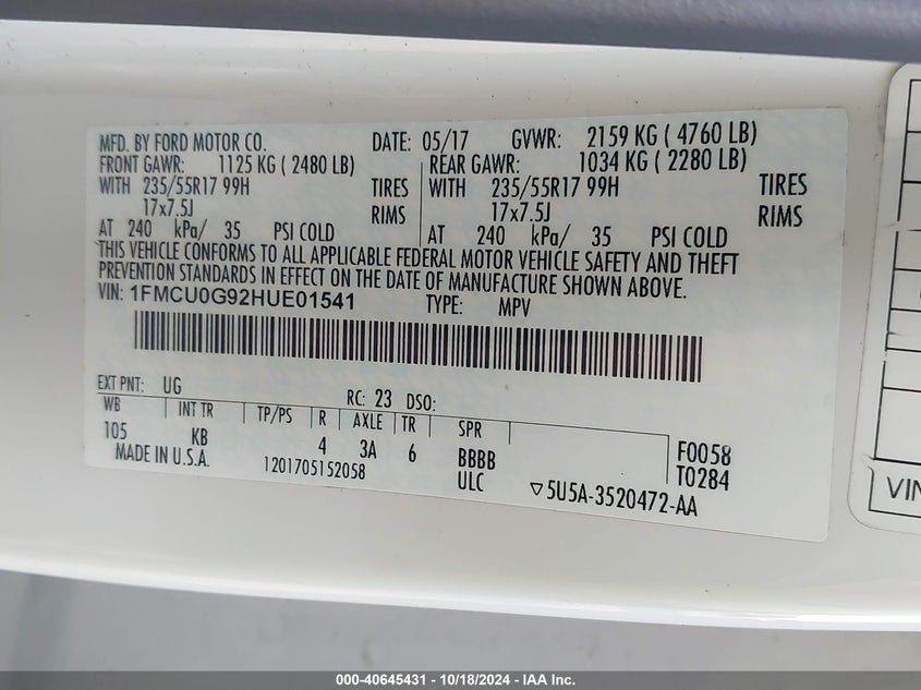 2017 Ford Escape Se VIN: 1FMCU0G92HUE01541 Lot: 40645431