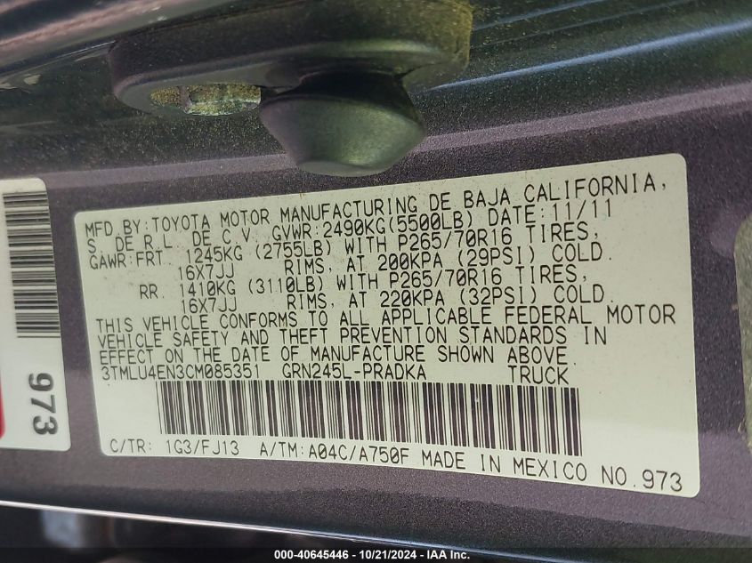 2012 Toyota Tacoma Double Cab VIN: 3TMLU4EN3CM085351 Lot: 40645446