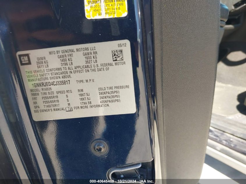 2012 Chevrolet Traverse 2Lt VIN: 1GNKRJED4CJ335817 Lot: 40645458