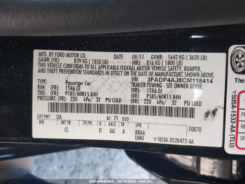 2012 Ford Fiesta S VIN: 3FADP4AJ8CM118414 Lot: 40645464