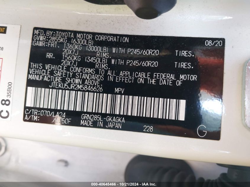 2021 TOYOTA 4RUNNER LIMITED - JTEKU5JR2M5846626