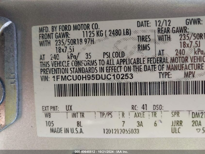 2013 Ford Escape Sel VIN: 1FMCU0H95DUC10253 Lot: 40645512