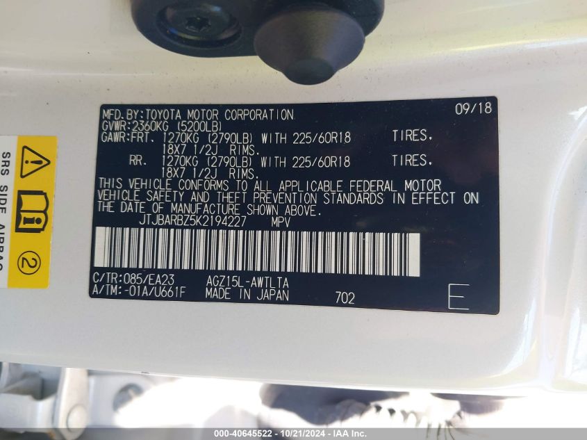 VIN JTJBARBZ5K2194227 2019 LEXUS NX 300