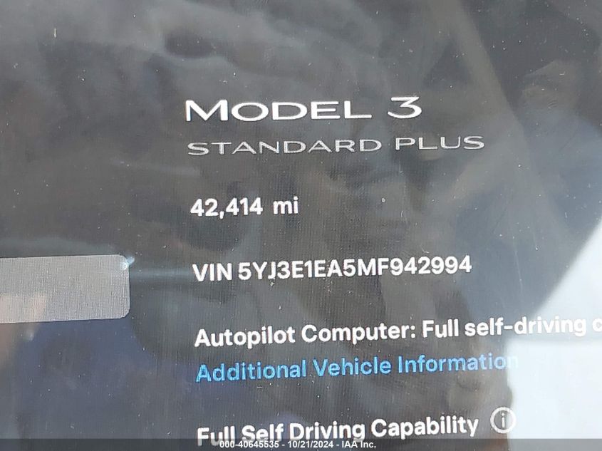 2021 TESLA MODEL 3 STANDARD RANGE PLUS REAR-WHEEL DRIVE - 5YJ3E1EA5MF942994