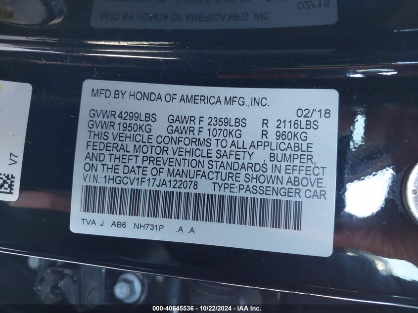 2018 HONDA ACCORD VIN: 1HGCV1F17JA122078