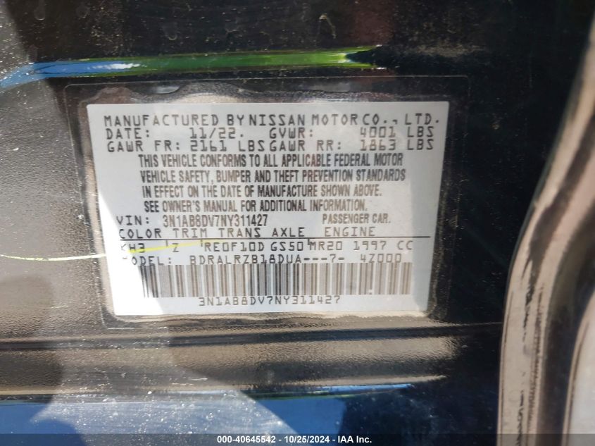 2022 Nissan Sentra Sr Xtronic Cvt VIN: 3N1AB8DV7NY311427 Lot: 40645542