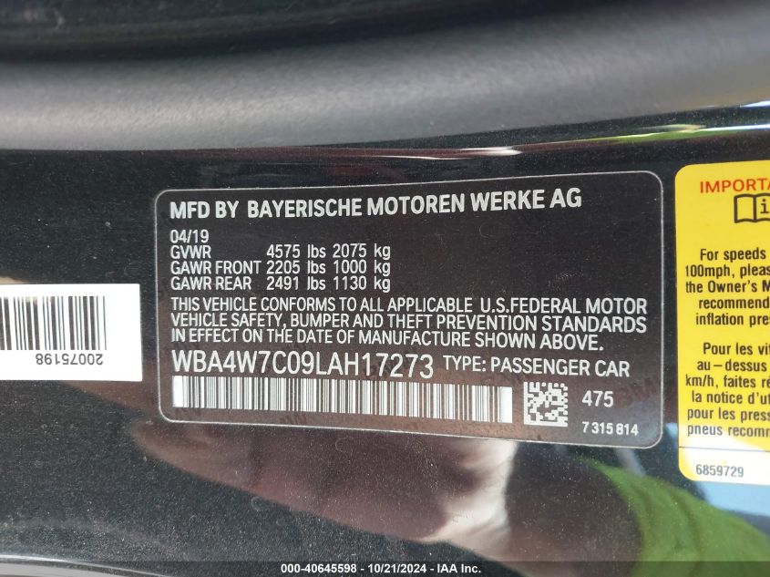 2020 BMW 440I VIN: WBA4W7C09LAH17273 Lot: 40645598