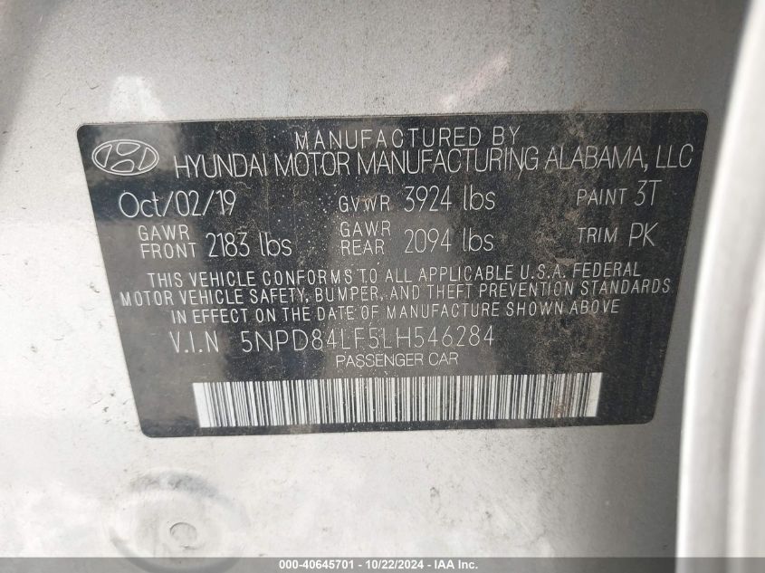 2020 Hyundai Elantra Sel VIN: 5NPD84LF5LH546284 Lot: 40645701