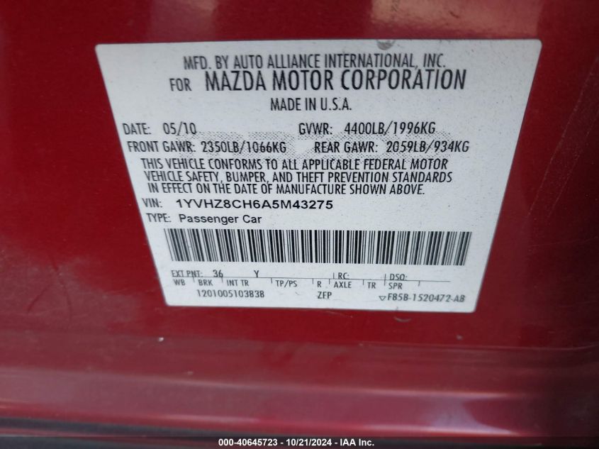 2010 Mazda Mazda6 I Touring Plus VIN: 1YVHZ8CH6A5M43275 Lot: 40645723