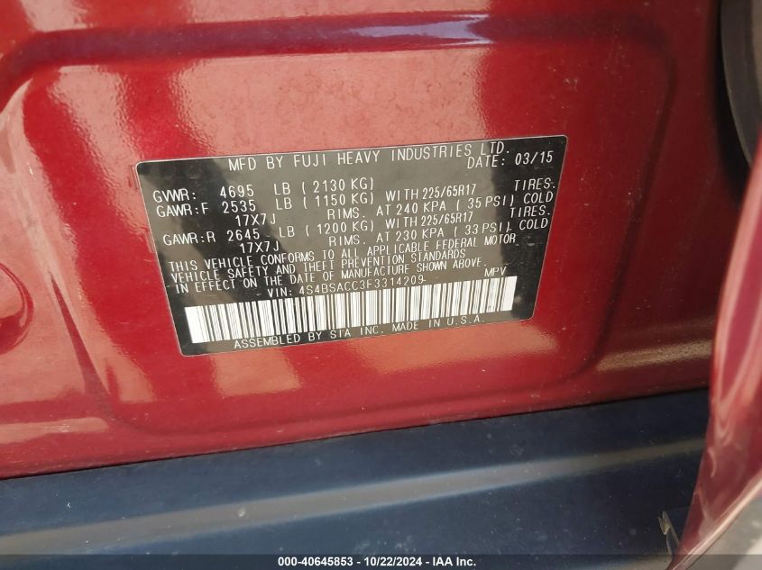 2015 Subaru Outback 2.5I Premium VIN: 4S4BSACC3F3314209 Lot: 40645853