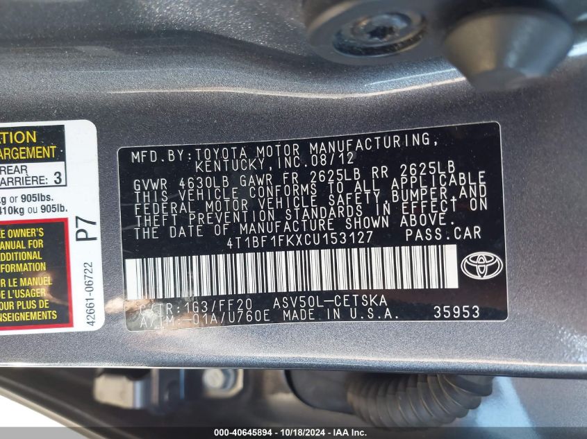 2012 Toyota Camry Se VIN: 4T1BF1FKXCU153127 Lot: 40645894