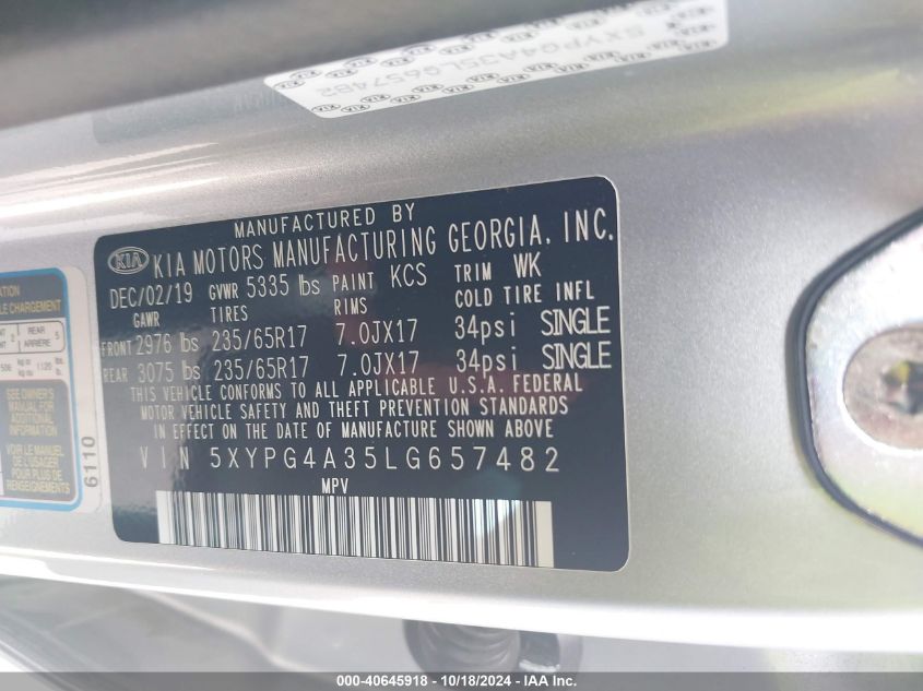 2020 KIA SORENTO 2.4L L - 5XYPG4A35LG657482