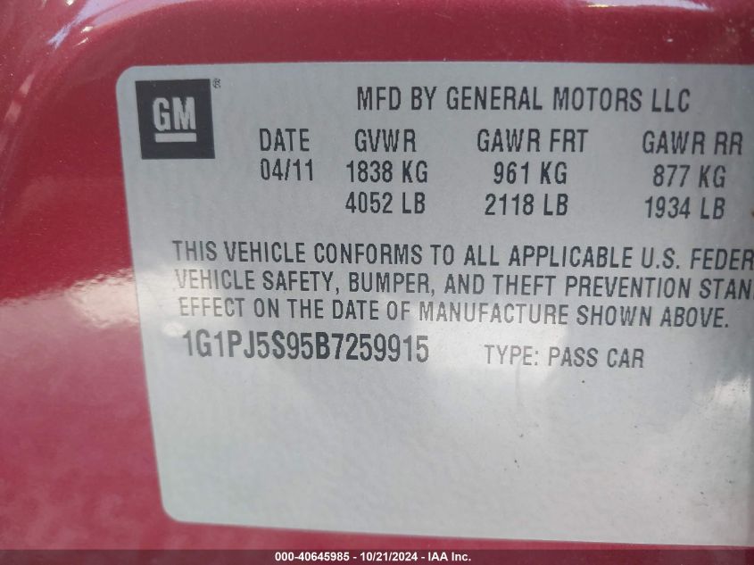 2011 Chevrolet Cruze Eco VIN: 1G1PJ5S95B7259915 Lot: 40645985