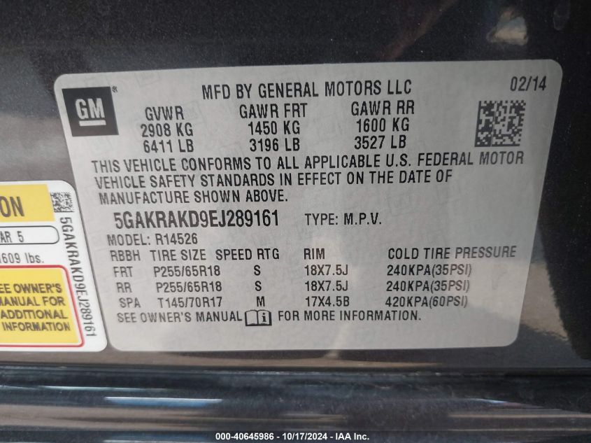 2014 Buick Enclave Convenience VIN: 5GAKRAKD9EJ289161 Lot: 40645986