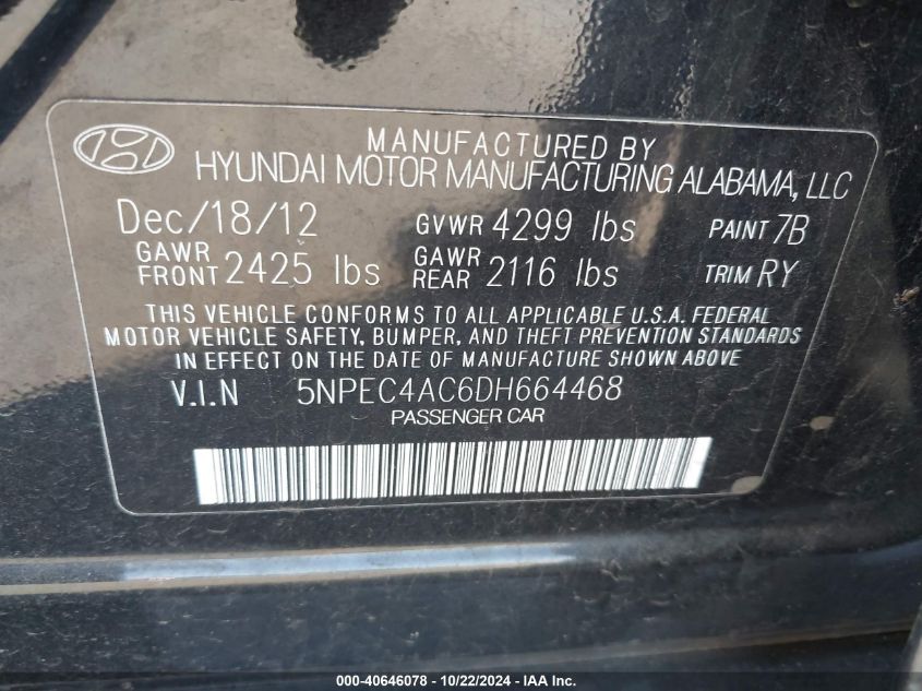 2013 Hyundai Sonata Se VIN: 5NPEC4AC6DH664468 Lot: 40646078