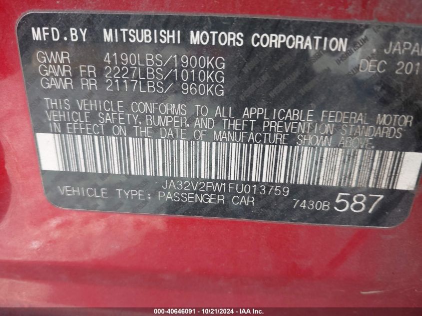 2015 Mitsubishi Lancer Se VIN: JA32V2FW1FU013759 Lot: 40646091