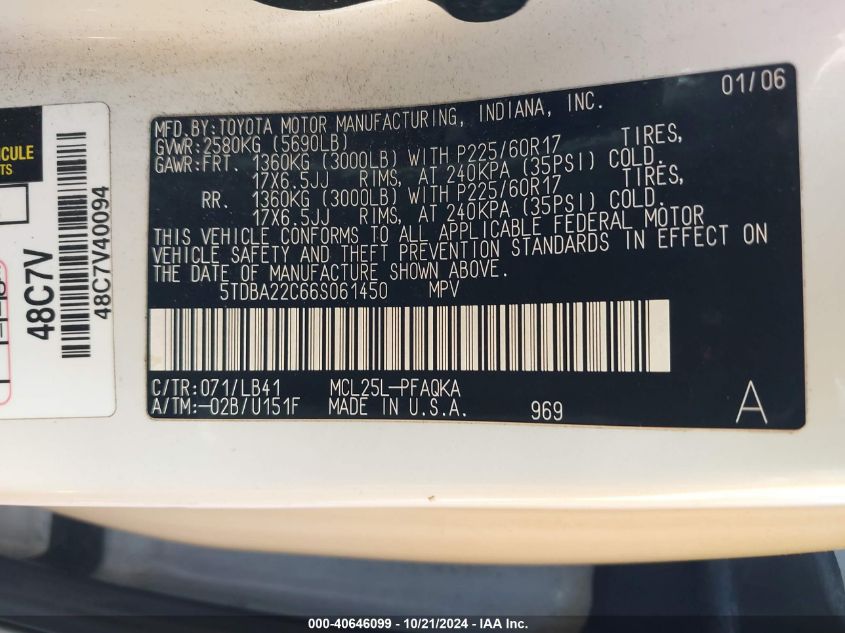 2006 Toyota Sienna Xle Limited VIN: 5TDBA22C66S061450 Lot: 40646099