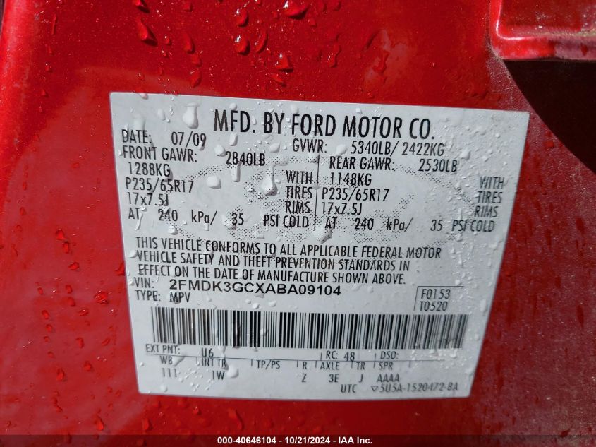 2010 Ford Edge Se VIN: 2FMDK3GCXABA09104 Lot: 40646104