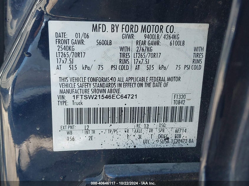 2006 Ford F-250 Lariat/Xl/Xlt VIN: 1FTSW21546EC64721 Lot: 40646117