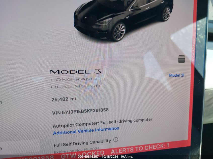 2019 TESLA MODEL 3 LONG RANGE/PERFORMANCE - 5YJ3E1EB5KF391858