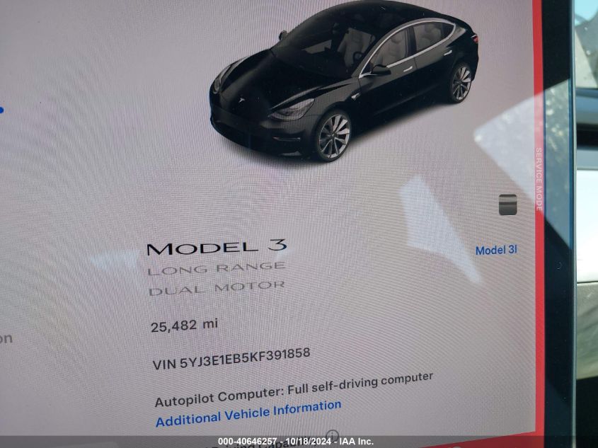 2019 TESLA MODEL 3 LONG RANGE/PERFORMANCE - 5YJ3E1EB5KF391858