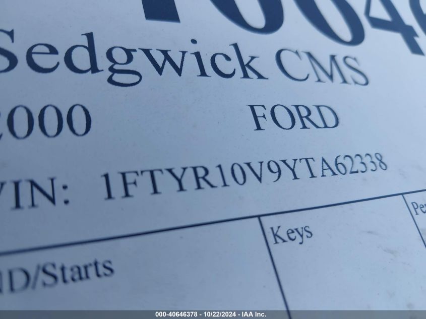 2000 Ford Ranger Xl/Xlt VIN: 1FTYR10V9YTA62338 Lot: 40646378