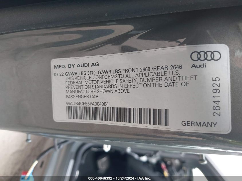 2023 Audi S5 Sportback Prestige VIN: WAUB4CF55PA004984 Lot: 40646392