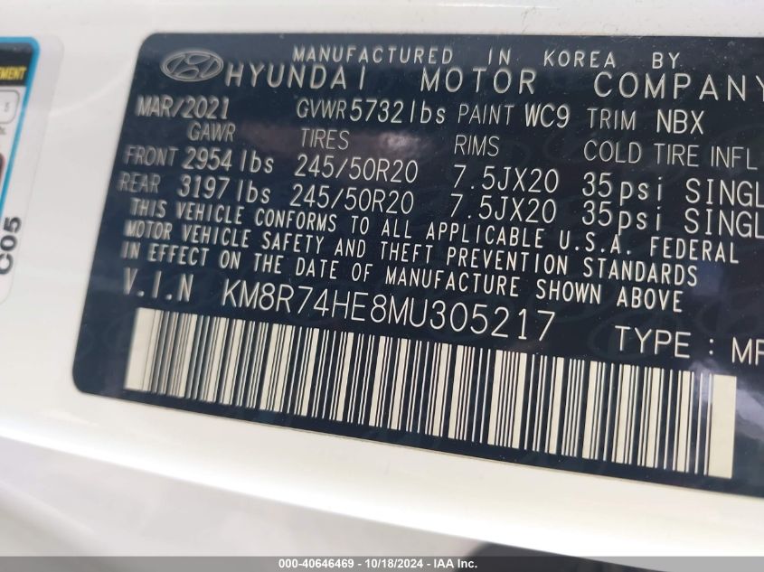 2021 Hyundai Palisade Calligraphy VIN: KM8R74HE8MU305217 Lot: 40646469