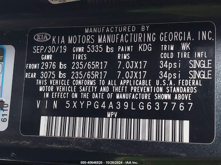 2020 Kia Sorento 2.4L Lx VIN: 5XYPG4A39LG637767 Lot: 40646520