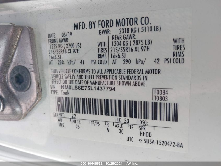 2020 Ford Transit Connect Xl VIN: NM0LS6E75L1437794 Lot: 40646552