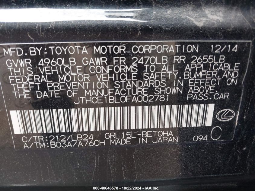 2015 Lexus Gs 350 VIN: JTHCE1BL0FA002781 Lot: 40646578