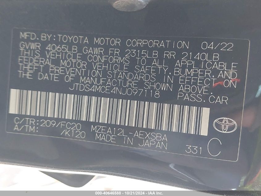 2022 TOYOTA COROLLA SE - JTDS4MCE4NJ097118