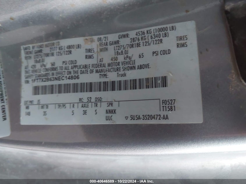 2022 Ford F-250 Xlt VIN: 1FT7X2B63NEC14806 Lot: 40646589